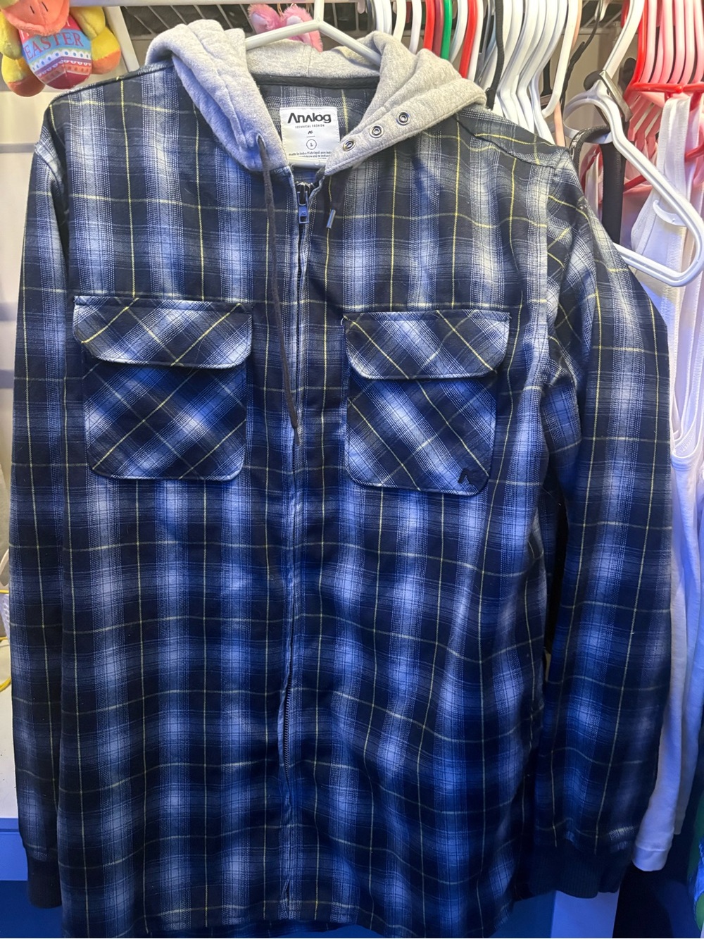 Analog Blue and Gray Plaid Hooded Zip Shirt Jacket